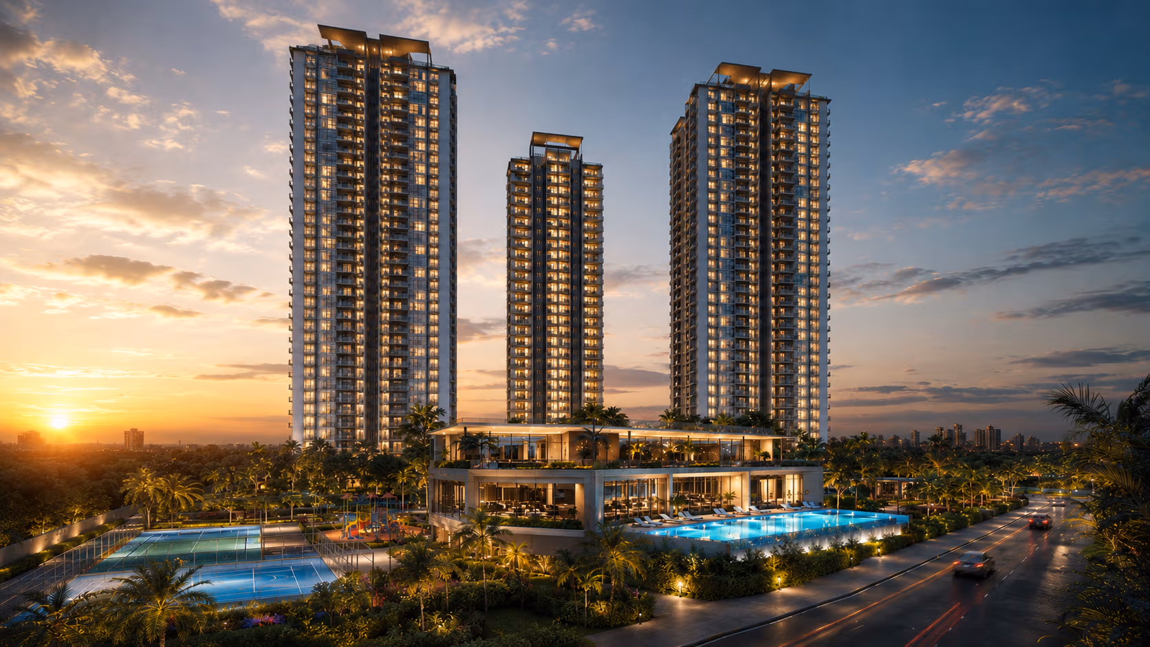 Raghava Halo luxury high-rise towers and clubhouse at dusk, Kondapur Hyderabad
